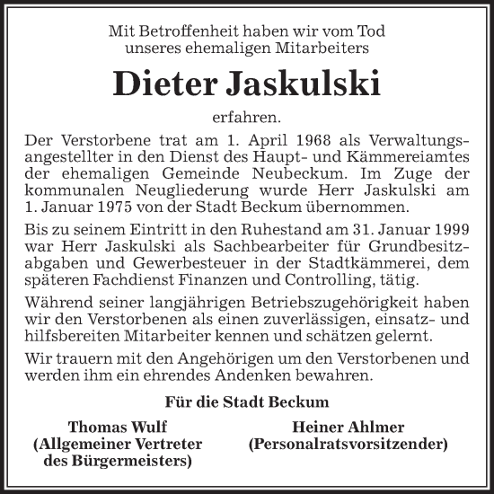 Traueranzeige von Dieter Jaskulski von Die Glocke