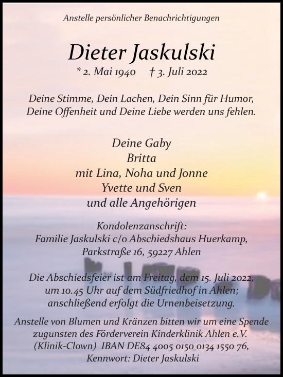 Traueranzeige von Dieter Jaskulski von Die Glocke