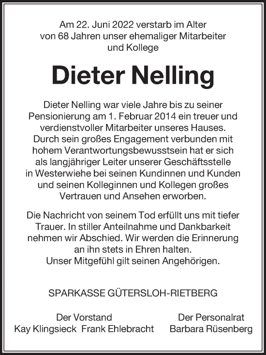 Traueranzeige von Dieter Nelling von Die Glocke