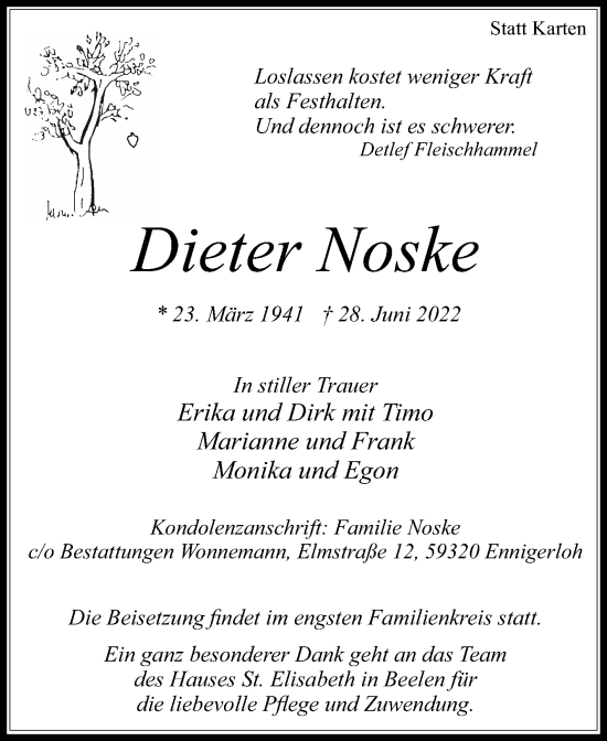 Traueranzeige von Dieter Noske von Die Glocke