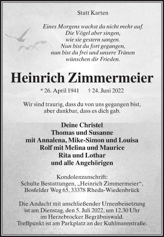 Traueranzeige von Heinrich Zimmermeier von Die Glocke
