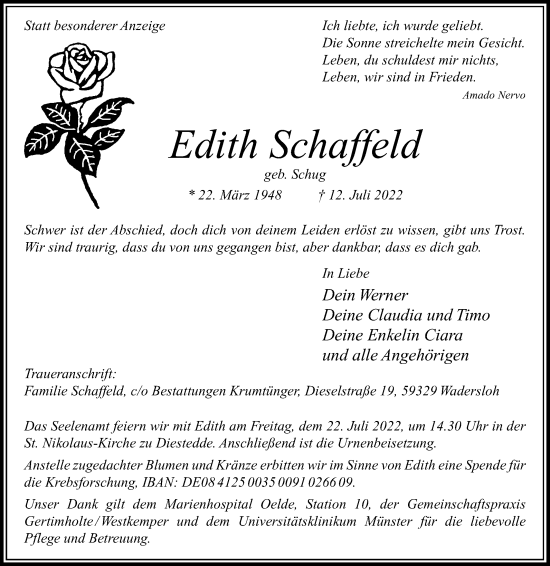 Traueranzeige von Edith Schaffeld von Die Glocke