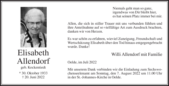 Traueranzeige von Elisabeth Allendorf von Die Glocke
