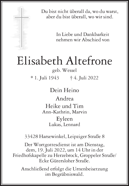 Traueranzeige von Elisabeth Altefrone von Die Glocke