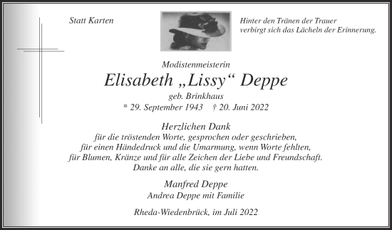 Traueranzeige von Elisabeth Deppe von Die Glocke