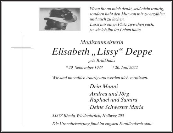 Traueranzeige von Elisabeth Deppe von Die Glocke