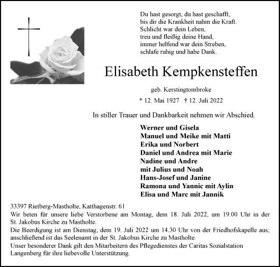 Traueranzeige von Elisabeth Kempkensteffen von Die Glocke