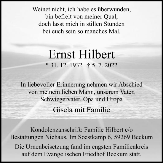 Traueranzeige von Ernst Hilbert von Die Glocke