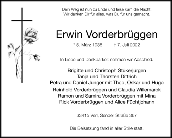 Traueranzeige von Erwin Vorderbrüggen von Die Glocke