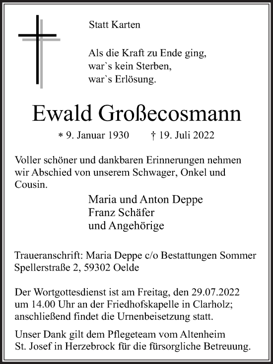 Traueranzeige von Ewald Großecosmann von Die Glocke