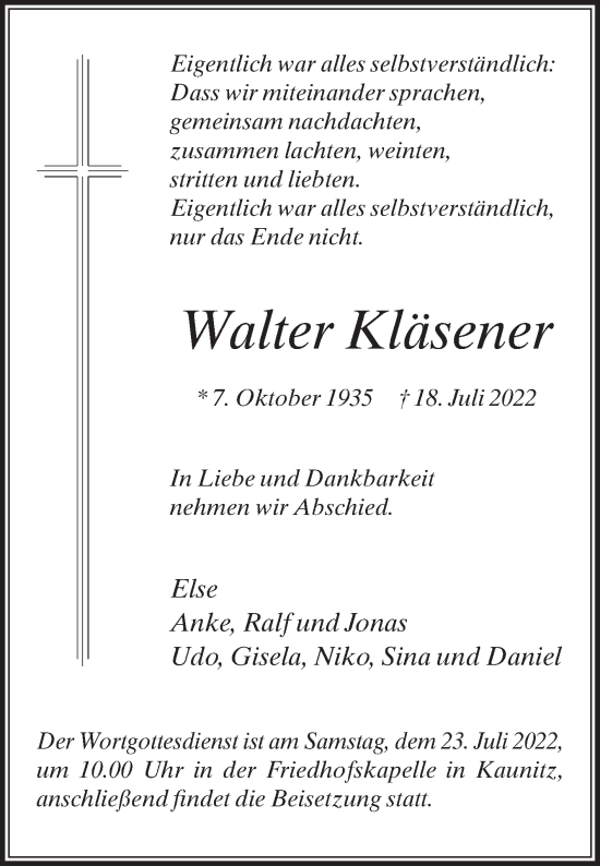 Traueranzeige von Walter Kläsener von Die Glocke