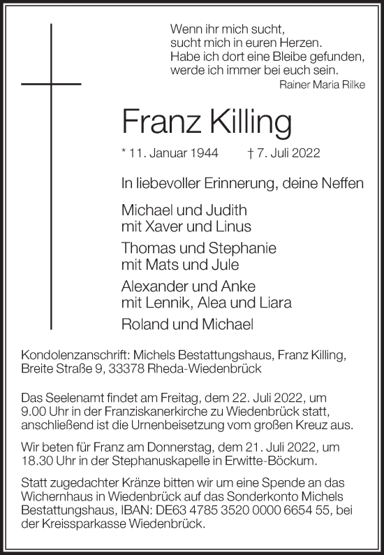 Traueranzeige von Franz Killing von Die Glocke