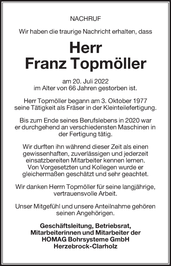 Traueranzeige von Franz Topmöller von Die Glocke