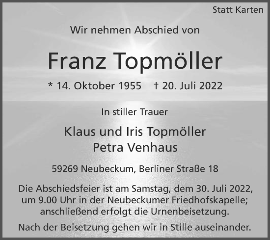 Traueranzeige von Franz Topmöller von Die Glocke