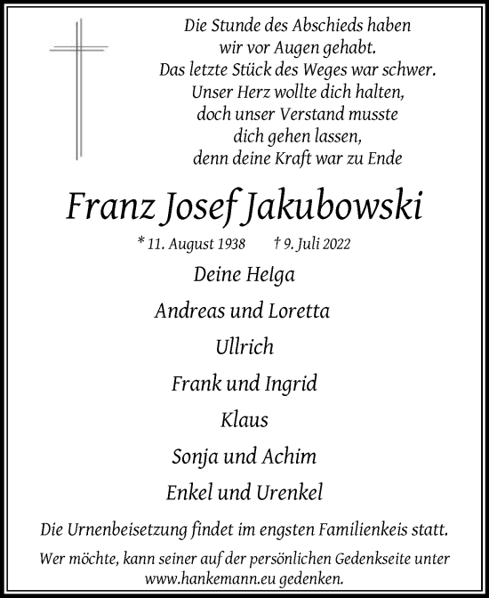 Traueranzeige von Franz Josef Jakubowski von Die Glocke