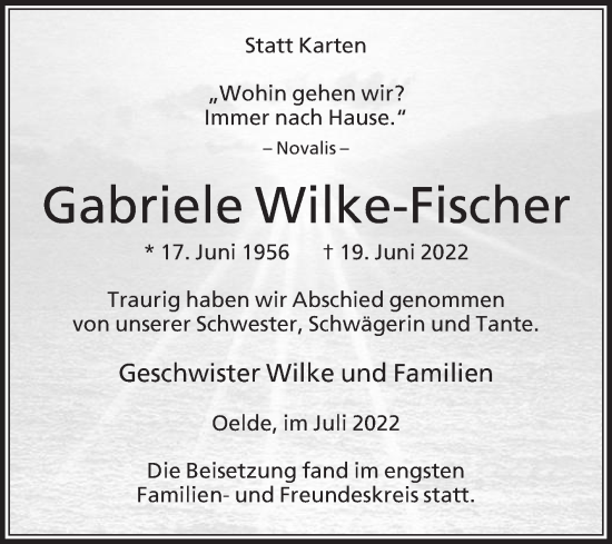 Traueranzeige von Gabriele Wilke-Fischer von Die Glocke