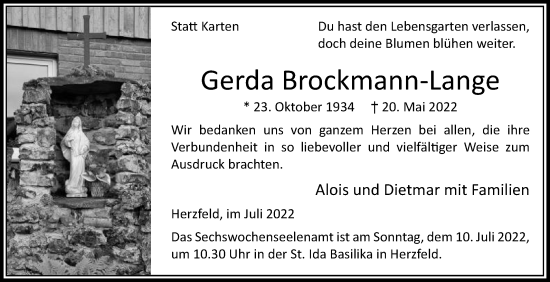 Traueranzeige von Gerda Brockmann-Lange von Die Glocke