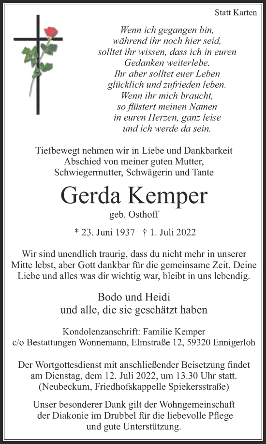 Traueranzeige von Gerda Kemper von Die Glocke