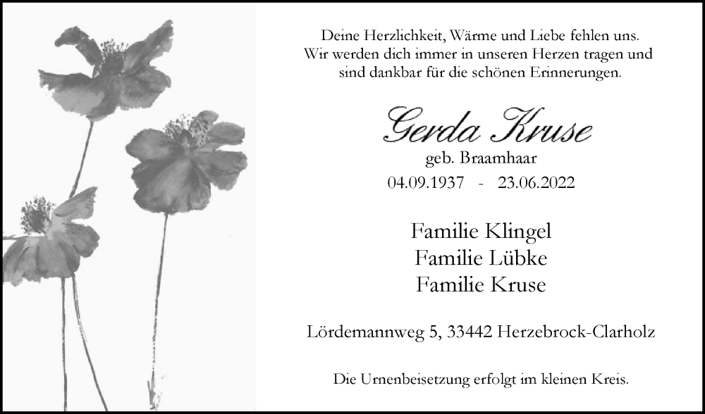  Traueranzeige für Gerda Kruse vom 02.07.2022 aus Die Glocke