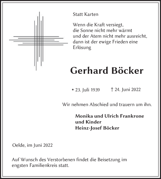 Traueranzeige von Gerhard Böcker von Die Glocke