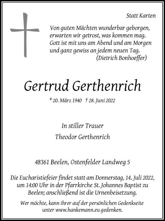 Traueranzeige von Gertrud Gerthenrich von Die Glocke