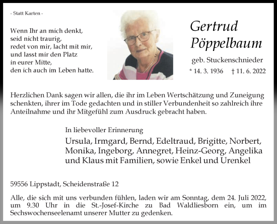 Traueranzeige von Gertrud Pöppelbaum von Die Glocke