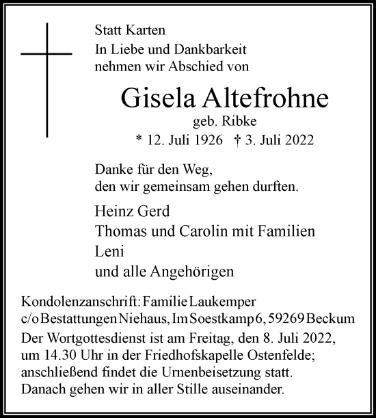 Traueranzeige von Gisela Altefrohne von Die Glocke