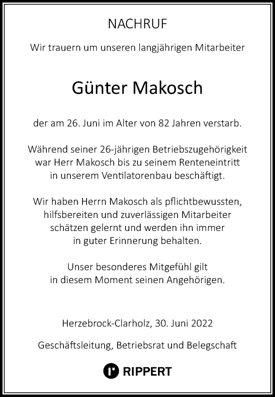 Traueranzeige von Günter Makosch von Die Glocke