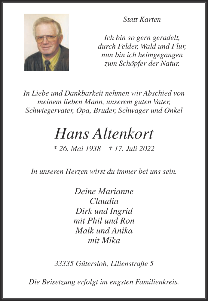  Traueranzeige für Hans Altenkort vom 23.07.2022 aus Die Glocke