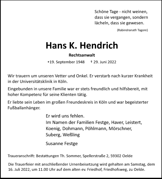 Traueranzeige von Hans  Hendrich von Die Glocke