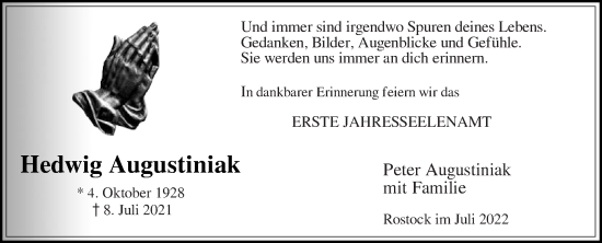 Traueranzeige von Hedwig Augustiniak von Die Glocke