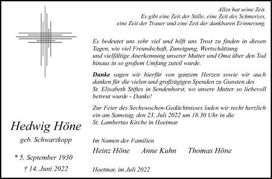 Traueranzeige von Hedwig Höne von Die Glocke