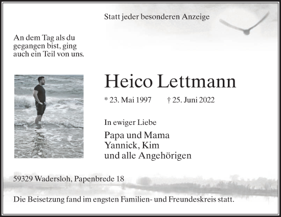 Traueranzeige von Heico Lettmann von Die Glocke