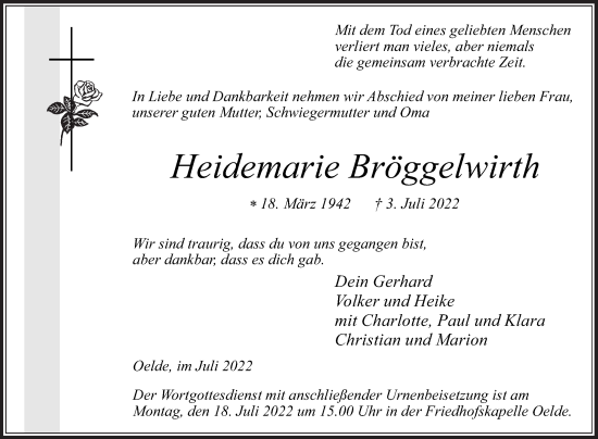 Traueranzeige von Heidemarie Bröggelwirth von Die Glocke