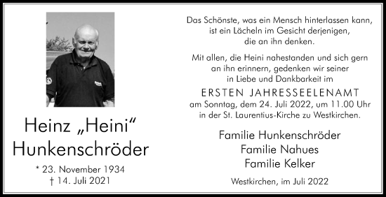 Traueranzeige von Heinz Hunkenschröder von Die Glocke