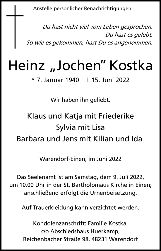 Traueranzeige von Heinz Kostka von Die Glocke