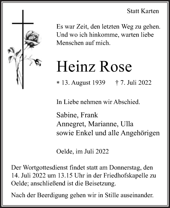 Traueranzeige von Heinz Rose von Die Glocke