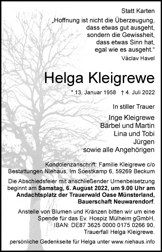 Traueranzeige von Helga Kleigrewe von Die Glocke