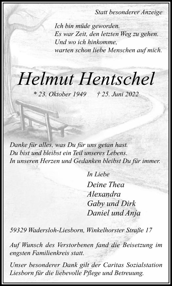 Traueranzeige von Helmut Hentschel von Die Glocke