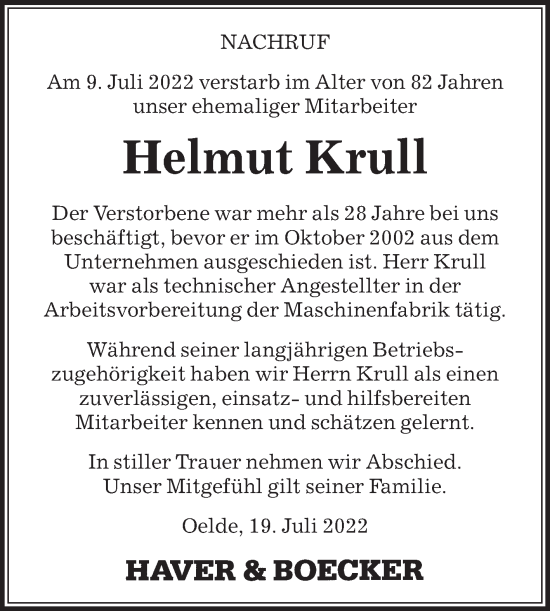 Traueranzeige von Helmut Krull von Die Glocke