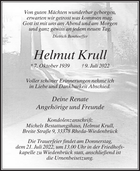 Traueranzeige von Helmut Krull von Die Glocke