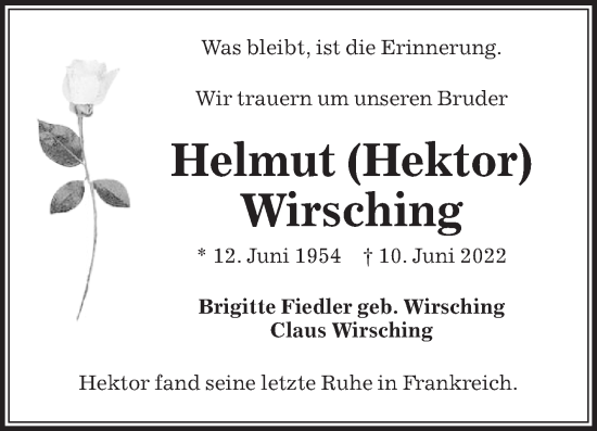 Traueranzeige von Helmut Wirsching von Die Glocke