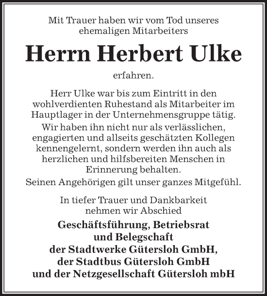 Traueranzeige von Herbert Ulke von Die Glocke