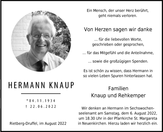 Traueranzeige von Hermann Knaup von Die Glocke