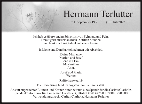 Traueranzeige von Hermann Terlutter von Die Glocke