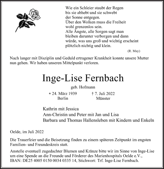 Traueranzeige von Inge-Lise Fernbach von Die Glocke