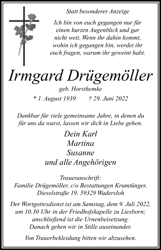 Traueranzeige von Irmgard Drügemöller von Die Glocke
