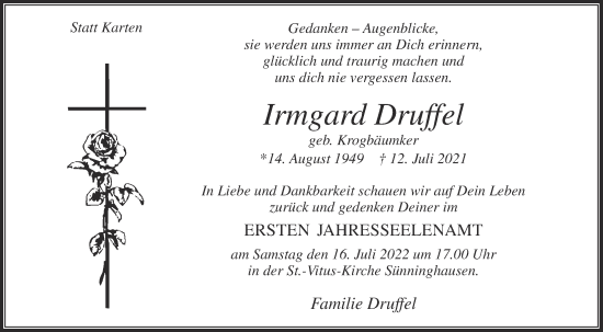 Traueranzeige von Irmgard Druffel von Die Glocke