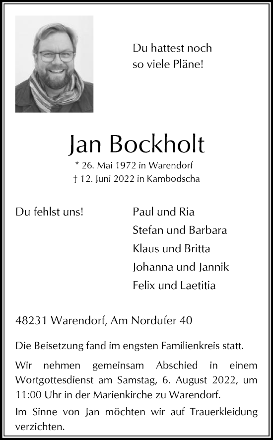 Traueranzeige von Jan Bockholt von Die Glocke