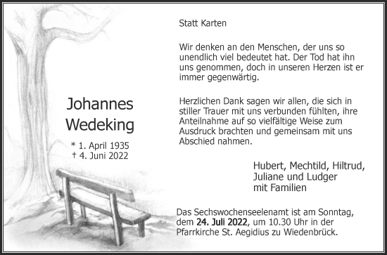 Traueranzeige von Johannes Wedeking von Die Glocke